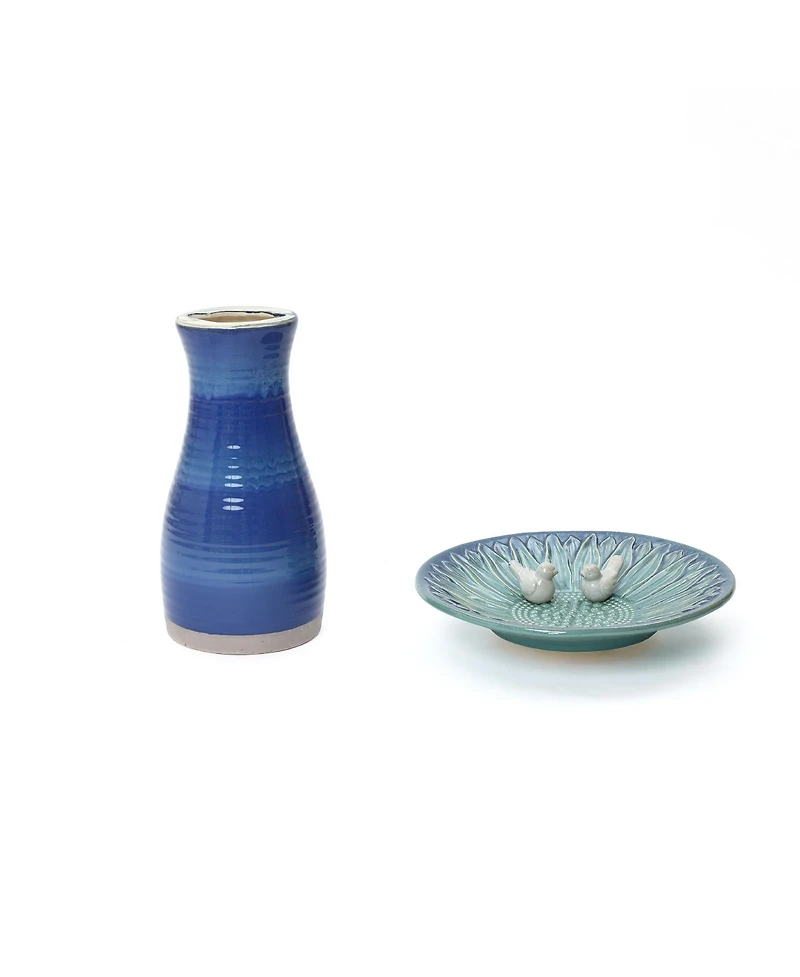 LuxenHome 20.5" Elegant Ceramic Bird Bath for Outside with Decorative Birds, Blue