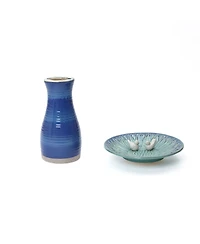 LuxenHome 20.5" Elegant Ceramic Bird Bath for Outside with Decorative Birds, Blue