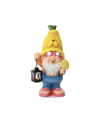 LuxenHome 18" Solar Powered Garden Gnome Outdoor Statue with Lantern, Lemon Hat Gnome Sculpture for Lawn, Garden