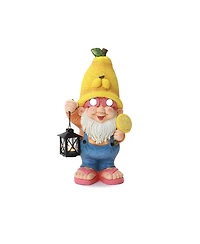 LuxenHome 18" Solar Powered Garden Gnome Outdoor Statue with Lantern, Lemon Hat Gnome Sculpture for Lawn, Garden