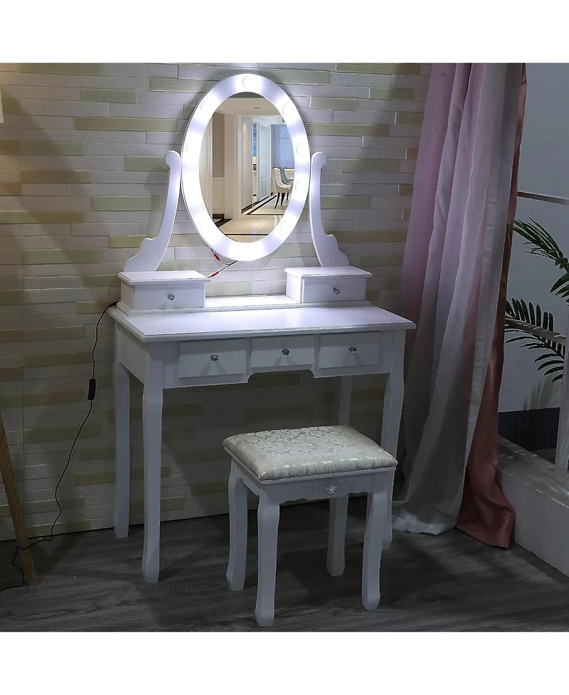 gaomon Vanity Desk with 360° Oval Mirror & Stool, 5 Drawers, 3 Led Light Modes, Modern Makeup Table for Women
