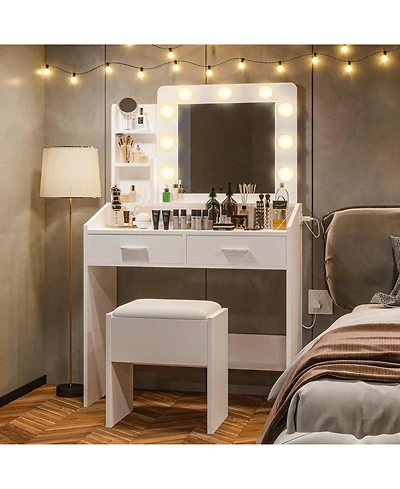 gaomon Modern Vanity Desk with Large Led Mirror, Power Outlet, 7 Drawers, 3 Light Modes & Cushioned Stool