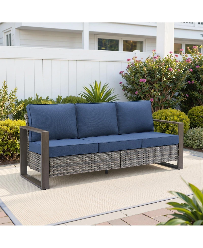 Pocassy Patio Couch with High Back, 75" Outdoor 3 Seats Sofa, All Weather Pe Wicker 4-inch Cushion
