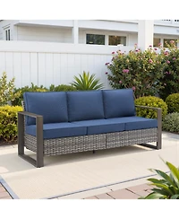 Pocassy Patio Couch with High Back, 75" Outdoor 3 Seats Sofa, All Weather Pe Wicker 4-inch Cushion