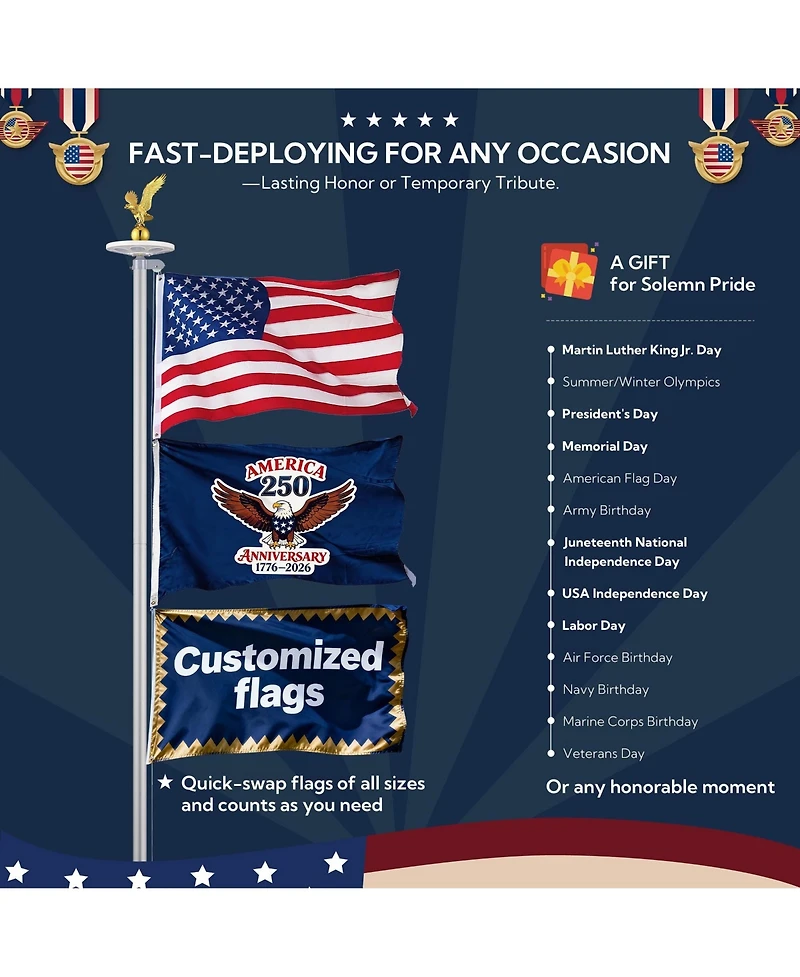 Yescom Bravery 20ft 13 Gauge Sectional Flag Pole Kit with Solar Powered Light Us Flag Gold Eagle Topper