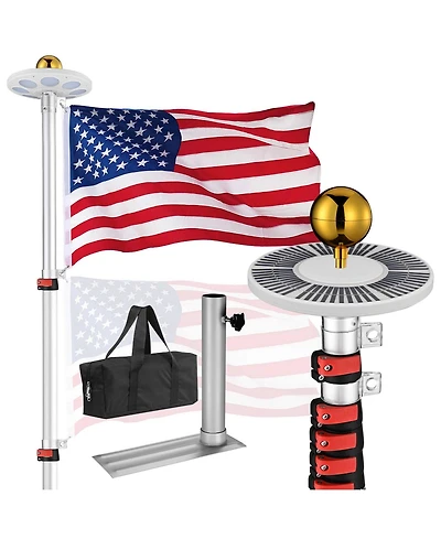 Yescom Ez Go 30Ft Aluminum Telescopic Flag Pole Kit w/ Solar Light and Flagpole Holder for Outside House