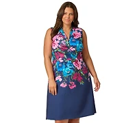 Adrianna Papell Plus Printed V-Neck Sleeveless Midi Dress