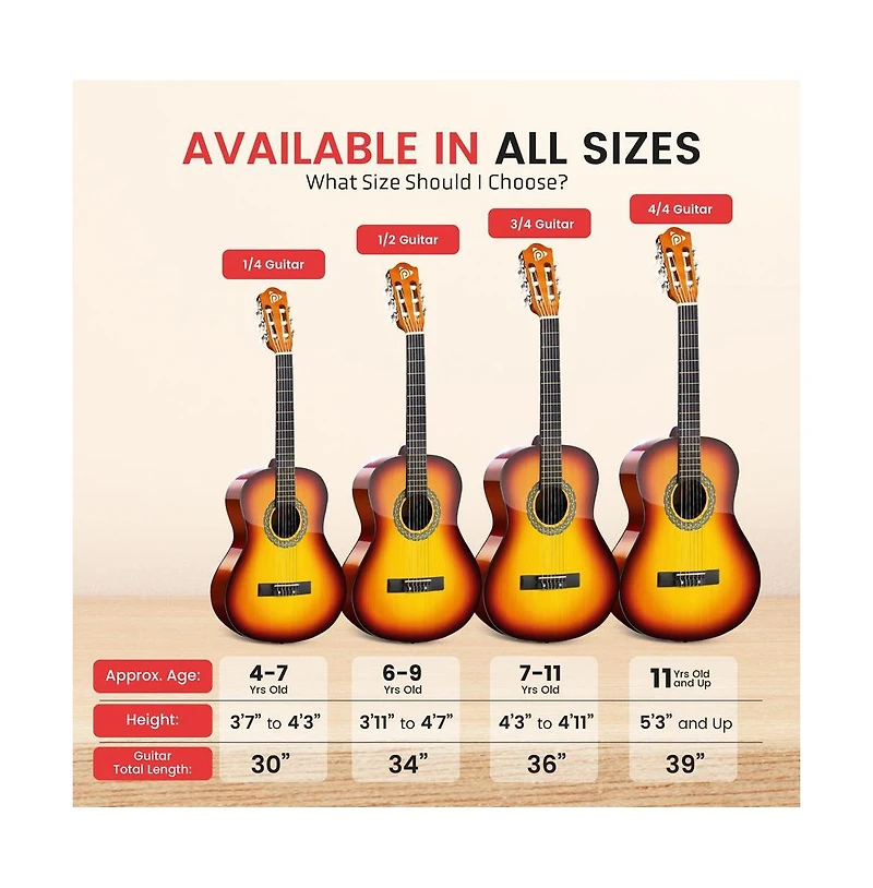 Pyle 36" 3/4 Scale Classical Guitar Kit with Digital Tuner & Accessories - PGACLS82BB