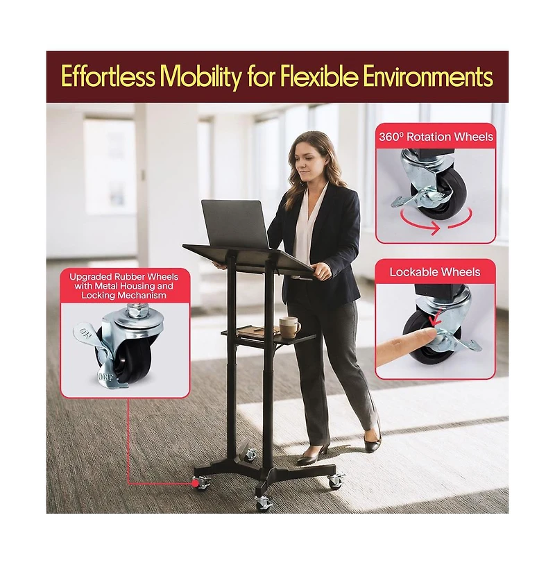 Pyle Adjustable Mobile Lectern Podium Stand with Led Light - Rolling Presentation Desk with Shelves and Locking Wheels