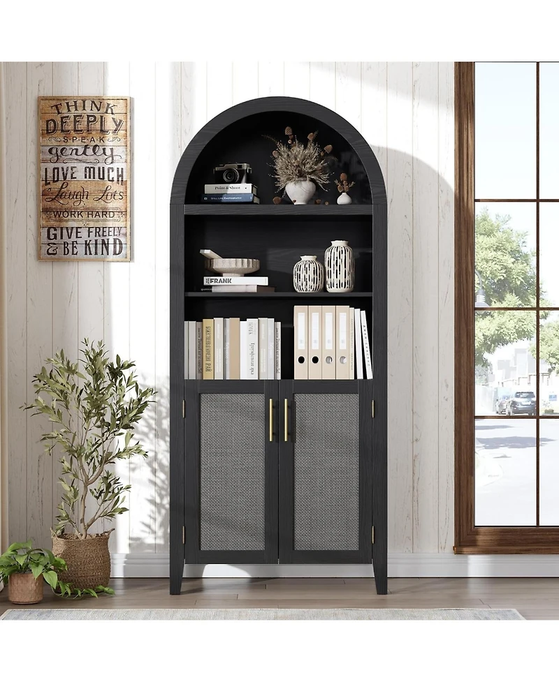 gaomon Arched Pantry Cabinet with Rattan Accent, 5-Tier Open Shelf Farmhouse Storage for Kitchen and Dining