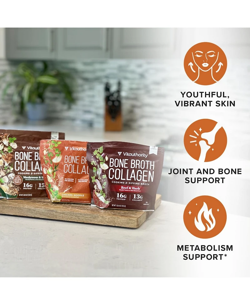 Vitauthority Bone Broth Collagen Mushroom Powder, 310 Gram Pouch, Protein and Collagen Support
