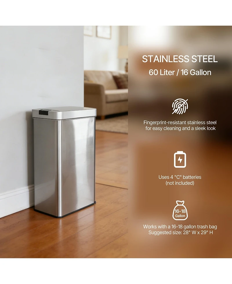 Mega Casa 16 Gallon Stainless Steel Slim Motion Sensor with Butterfly Lid Trash Can