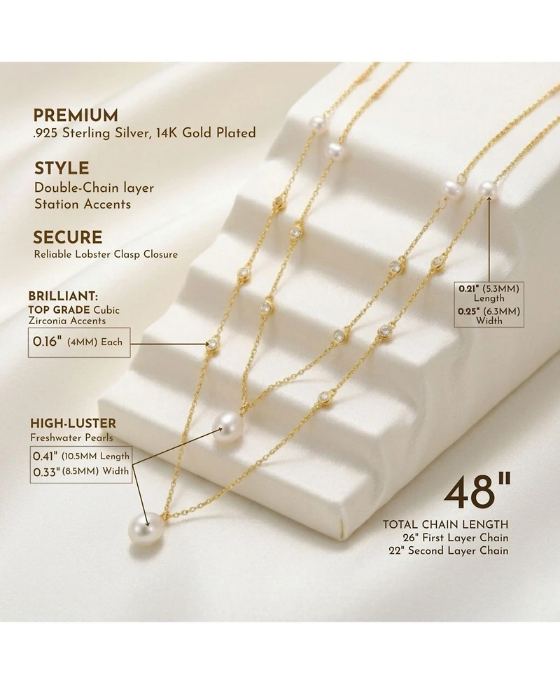 Genevive Sterling Silver 14K Gold Plated with Freshwater Pearl Layered Necklace
