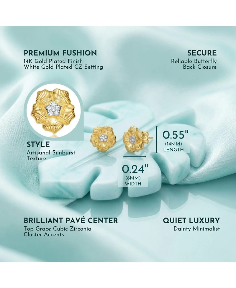 Elegant 14K Gold Plated and Cubic Zirconia Floral Stud Earrings
