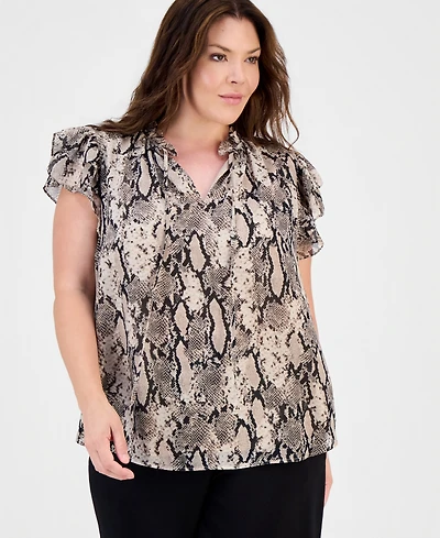 Anne Klein Plus Size Printed Split-Neck Flutter-Sleeve Blouse