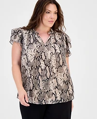 Anne Klein Plus Size Printed Split-Neck Flutter-Sleeve Blouse