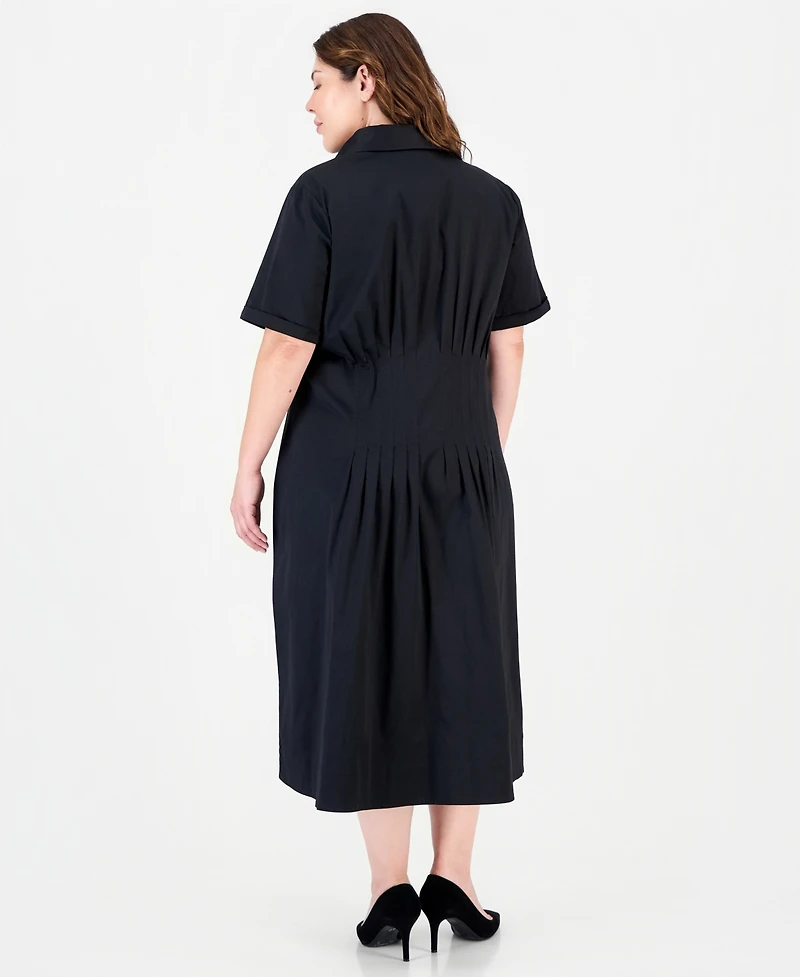 Anne Klein Plus Fit & Flare Pleated Waist Midi Shirt Dress