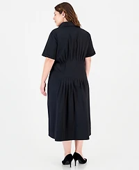 Anne Klein Plus Fit & Flare Pleated Waist Midi Shirt Dress