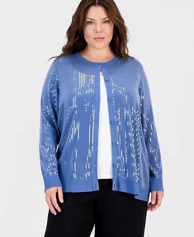 Anne Klein Plus Sequin-Front Crewneck Cardigan