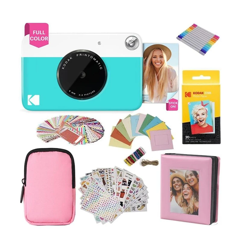 Kodak Printomatic Instant Camera Gift Bundle with Pink Case, 20 Zink Sheets, Album and More
