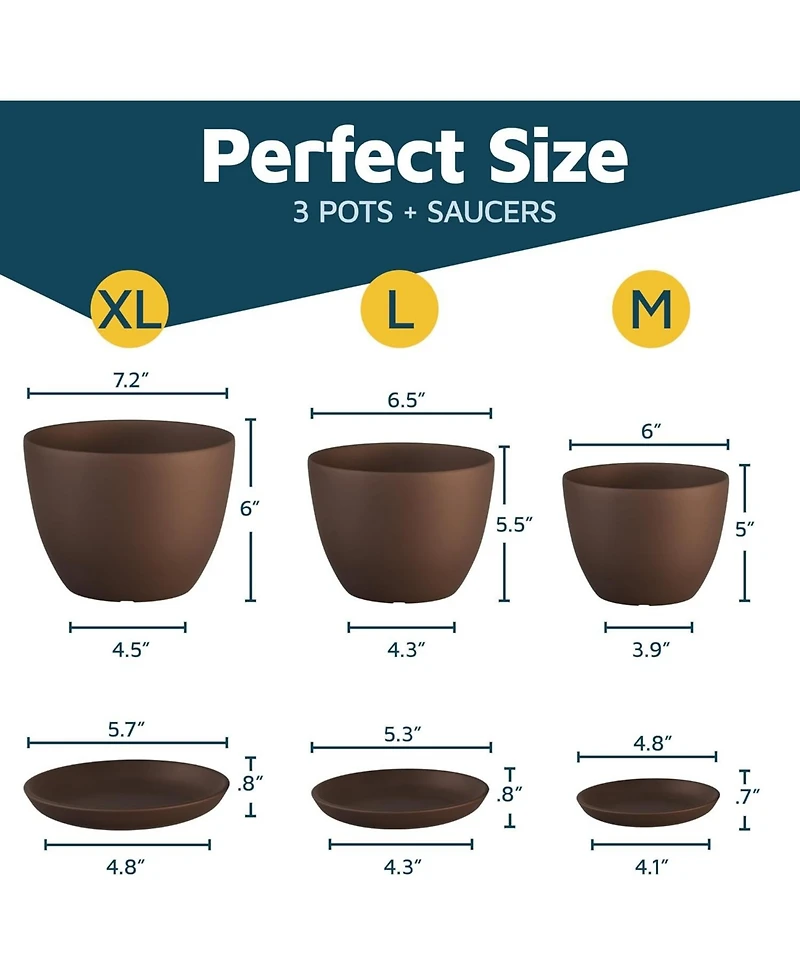 Lifemaster Durable, weatherproof, ideal for indoor/outdoor use, stackable plant pots with drainage holes and saucers, 3-pack (7", 6.7", 6")