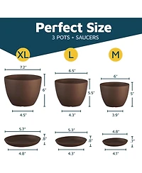 Lifemaster Durable, weatherproof, ideal for indoor/outdoor use, stackable plant pots with drainage holes and saucers, 3-pack (7", 6.7", 6")