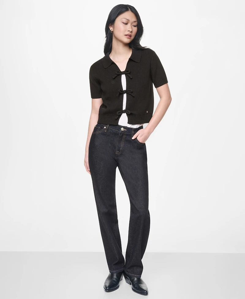 Dkny Jeans Women's Short-Sleeve Polo Collar Tie Front Sweater