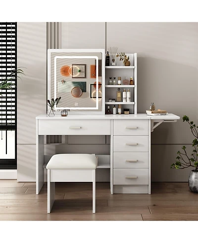 Rainsken Makeup Vanity Desk with Stool, Dressing Table with Sliding 3 Colors Lighted Mirror, Fold-Up Panel and Open Shelves for Bedroom