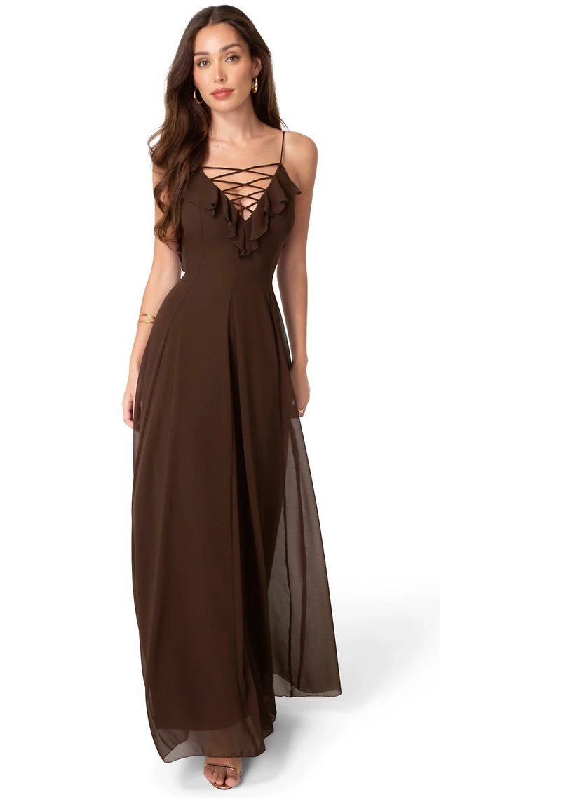 Bebe Women's Lace Up Ruffle Chiffon Maxi Dress