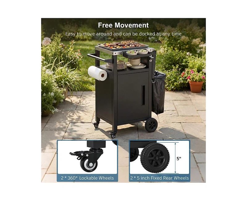 sumyeg 33.9-Inch Outdoor Grill Cart with Drop Leaf, Stainless Steel Top, Storage Cabinet and Wheels