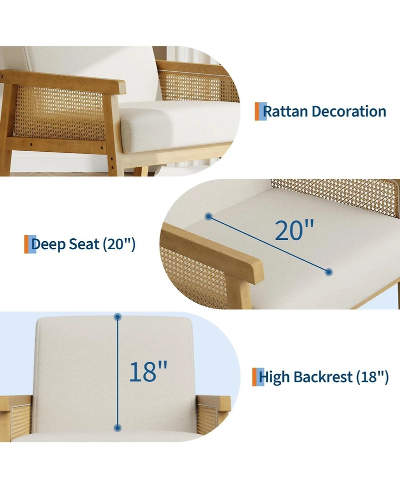 gaomon Linen Accent Chair,Rattan Armchair with Wooden Frame,High Back,Upholstered Reading Chair Leisure Chairs for Living Room Bedroom