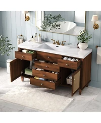 Sillysis 60 Inch Modern Bathroom Vanity with Sink, Brown Solid Wood Mdf Cabinet, Rattan Doors, Soft Close Drawers, Pine Legs