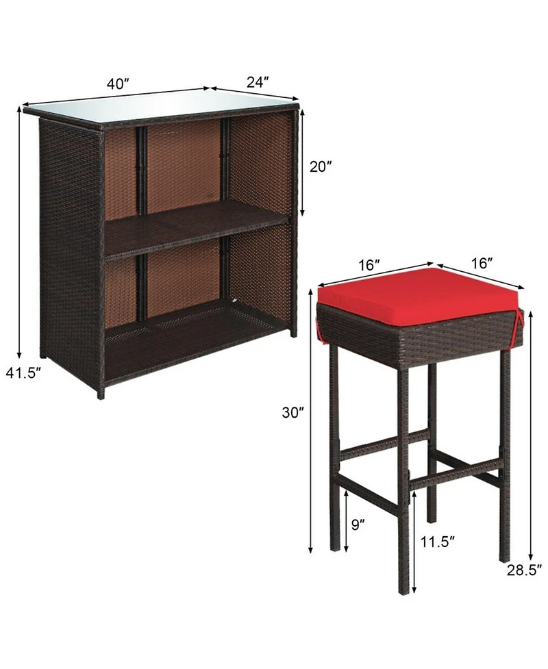 Gouun 3-Piece Patio Rattan Wicker Bar Set with Cushioned Stools and Glass Top
