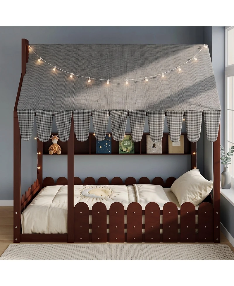 Sailvan Montessori House Bed for Kids, Floor with Fence Railings, Slats not included