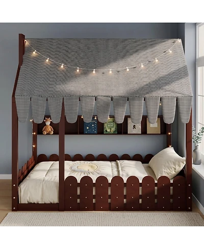 Sailvan Montessori House Bed for Kids, Floor with Fence Railings, Slats not included