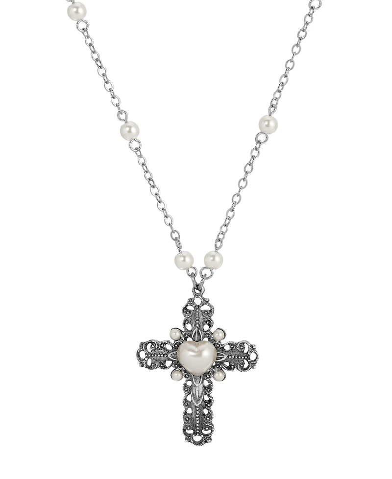 Symbols of Faith Silver-Tone Cross Heart Imitation Pearl 24" Necklace