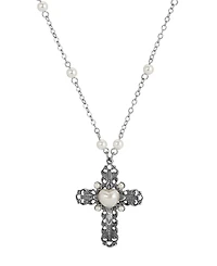 Symbols of Faith Silver-Tone Cross Heart Imitation Pearl 24" Necklace