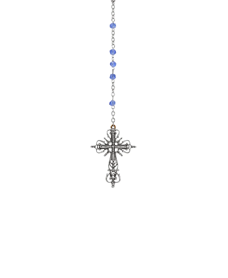 Symbols of Faith Silver-Tone Filigree Cross Lady of Gualalupe Decal Blue Beaded Chain Rosary