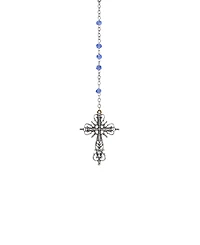 Symbols of Faith Silver-Tone Filigree Cross Lady of Gualalupe Decal Blue Beaded Chain Rosary