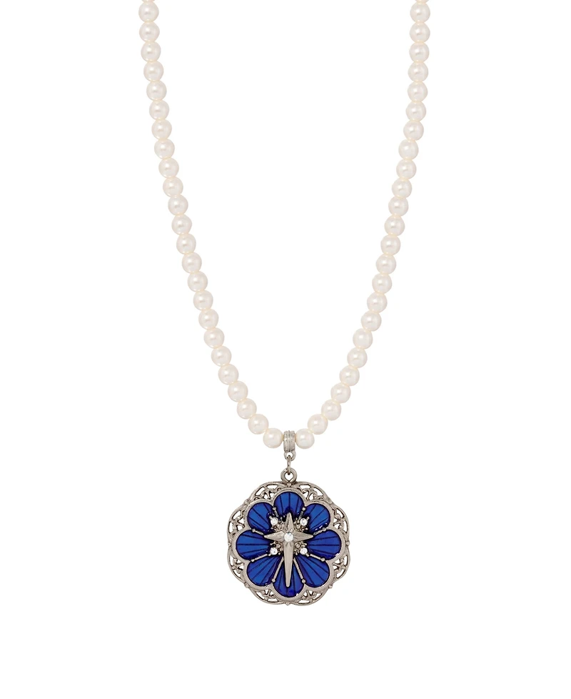 Symbols of Faith Silver-Tone Star of Bethlehem Blue Enamel Imitation Pearl Necklace