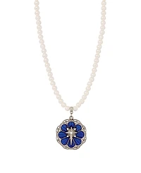 Symbols of Faith Silver-Tone Star of Bethlehem Blue Enamel Imitation Pearl Necklace