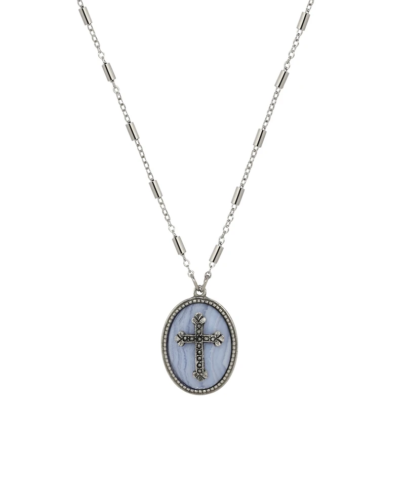 Symbols of Faith Silver-Tone Oval Blue Lace Stone Pewter Cross 18" Necklace