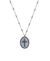 Symbols of Faith Silver-Tone Oval Blue Lace Stone Pewter Cross 18" Necklace