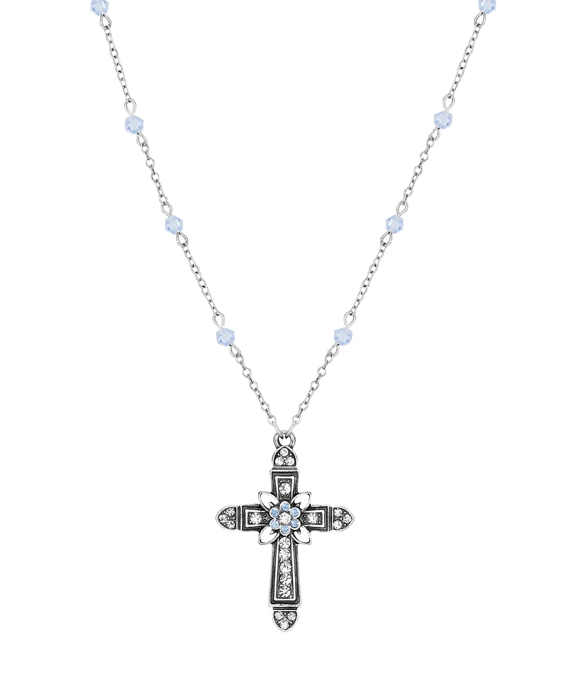 Symbols of Faith Silver-Tone Cross Center Flower Clear Sapphire Crystals 16" + 3" Necklace