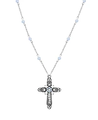 Symbols of Faith Silver-Tone Cross Center Flower Clear Sapphire Crystals 16" + 3" Necklace