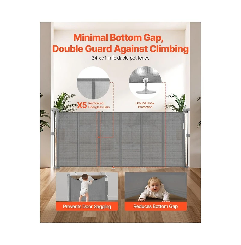 Ruie Retractable Mesh Pet Gate 34 in Tall Extends to 71 in Wide One-Hand Open