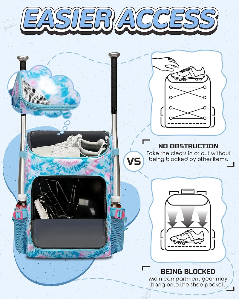 Furlihong Tie-Dye Pattern Baseball and Softball Gear Backpack for Kids Ages 8-14, Youth Bat Bag with Ventilated Shoe Compartment for Cleats, Glove