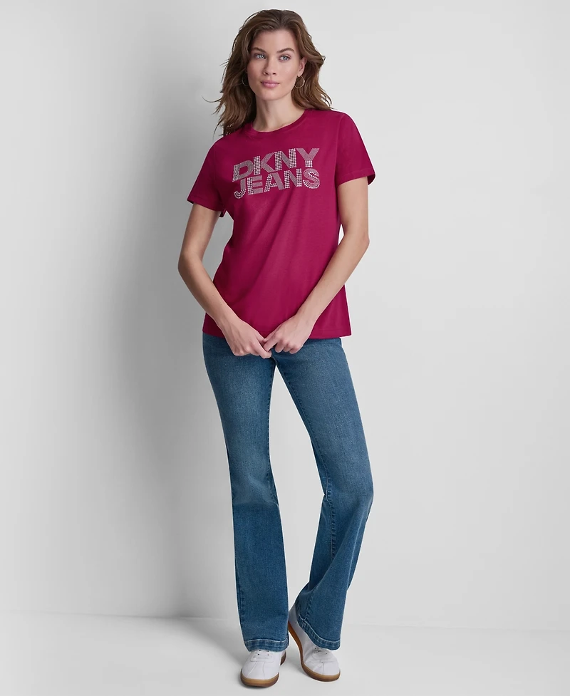 Dkny Jeans Women's Stacked Rhinestone Dome Stud Logo Crewneck T-Shirt
