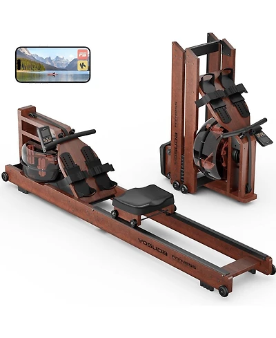 Fed Fitness Pro Wood Water Rowing Machine, Upgraded Ergonomic Frame, 400 Lbs Weight Capacity, Foldable, Large Leak-Proof Tank, Bluetooth App
