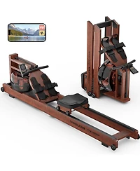 Fed Fitness Pro Wood Water Rowing Machine, Upgraded Ergonomic Frame, 400 Lbs Weight Capacity, Foldable, Large Leak-Proof Tank, Bluetooth App